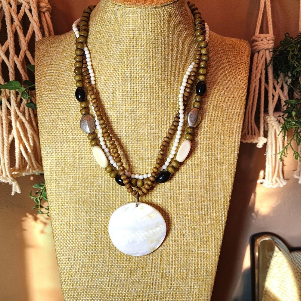 Boho Layered Wood Bead Necklace Large Shell Pendant Natural Beach Coastal